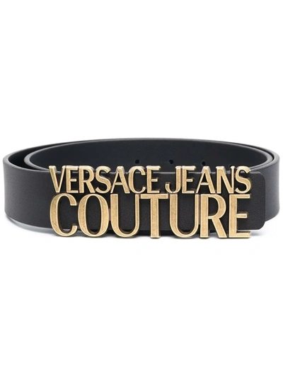 Versace Jeans Couture Black Leather Logo Belt In Nero