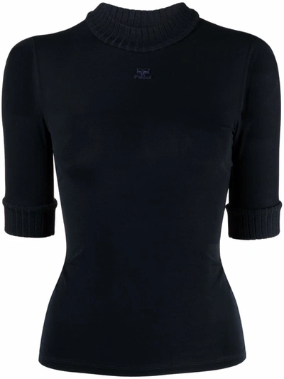 Courrèges Logo-embroidered Fine-knit Top In Blau