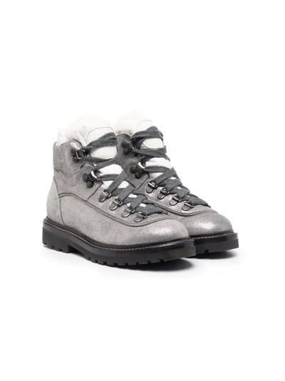 Brunello Cucinelli Kids' Metallic Lace-up Boots In Grey