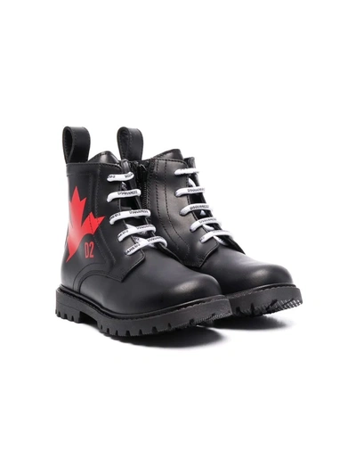 Dsquared2 Kids' Maple-leaf Print Leather Boots In Black