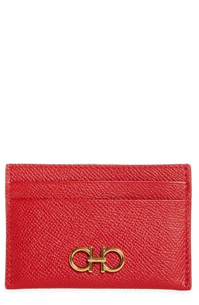 Ferragamo Double Gancio Leather Card Case In Lipstick