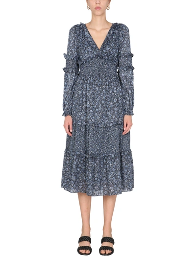 Michael Michael Kors Ruffle-trimmed Metallic Floral-print Jacquard Midi Dress In Blue