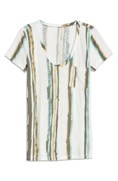 Caslonr Rounded V-neck T-shirt In Ivory- Green Watercolor Stripe