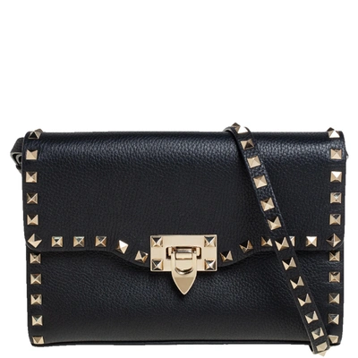 Pre-owned Valentino Garavani Black Leather Small Rockstud Crossbody Bag