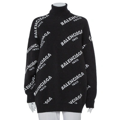 Pre-owned Balenciaga Black Logo Intarsia Knit Oversized Turtleneck Sweater S