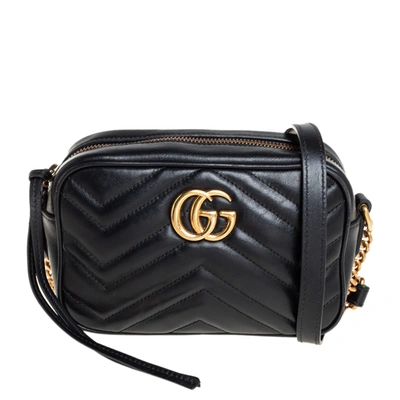 Pre-owned Gucci Black Matelass&eacute; Leather Mini Gg Marmont Camera Crossbody Bag