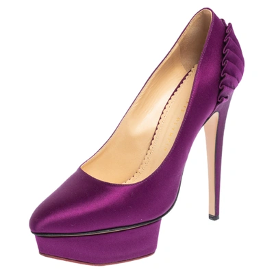 Pre-owned Charlotte Olympia Purple Satin Paloma Fan Pleat Platform Pumps Size 38.5