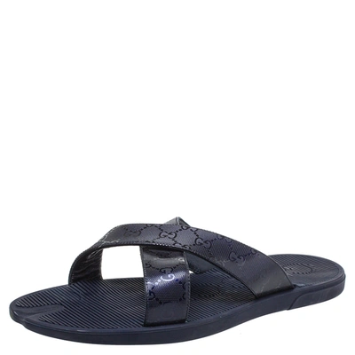 Pre-owned Gucci Blue Canvas Slide Sandals Size 48