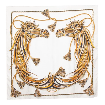 Pre-owned Gucci Off-white Equestrian Horse Print Silk Scarf In Cream