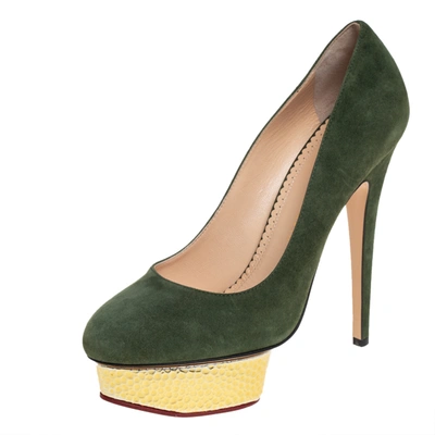 Pre-owned Charlotte Olympia Green Suede Dolly Platform Pumps Size 39