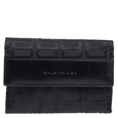 Pre-owned Balenciaga Black Monogram Nylon And Leather Trifold Wallet