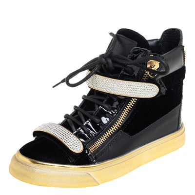 Pre-owned Giuseppe Zanotti Black Patent Leather And Velvet Crystal Strap High Top Trainers Size 35