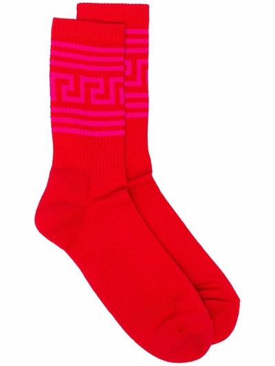 Versace Greca Ribbed Socks In Red