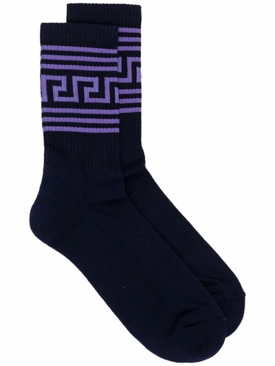 Versace Greca Ribbed Socks In Blue