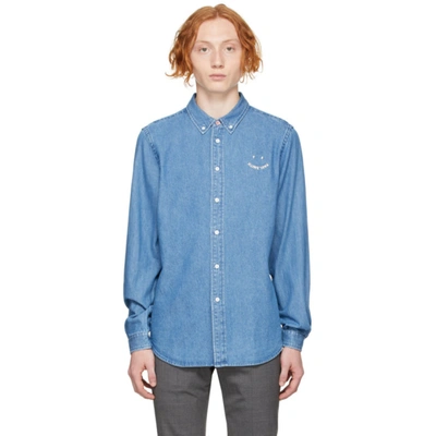 Ps By Paul Smith Smile Embroidered Logo Denim Shirt In Blue