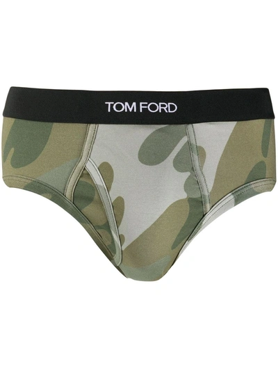 Tom Ford Camouflage Logo Waistband Briefs In Green
