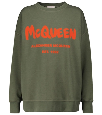 Alexander Mcqueen Green Cotton Sweatshirt With Logo Print In Khaki