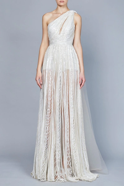 elie saab white dress Gathered cutout jersey gown in - shaped headpiece completes the look LOOK 8 - ELIE SAAB