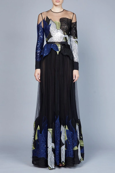 Elie Saab Yarn Embroidered Long Sleeve Gown