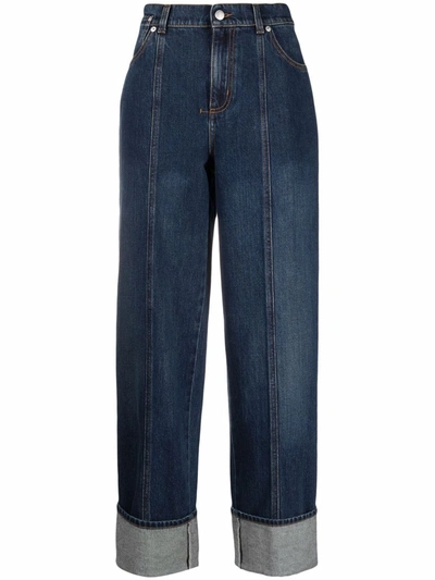 Alexander Mcqueen Contrast-stitching Wide-leg Jeans In Dark Blue Wash