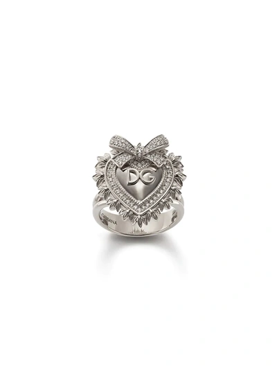 Dolce & Gabbana 18kt White Gold Devotion Diamond Sacred Heart Ring In Silver