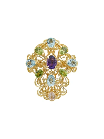 Dolce & Gabbana Pizzo Ring In Yellow Gold Filgree With Amethyst, Aquamarines, Peridots And Morganite