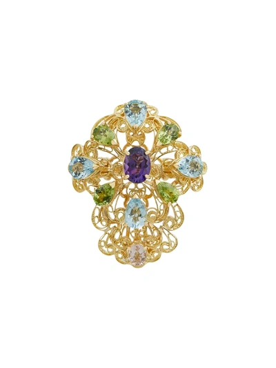 DOLCE & GABBANA 18KT YELLOW GOLD PIZZO FILIGREE AMETHYST, AQUAMARINES, PERIDOTS AND MORGANITE RING