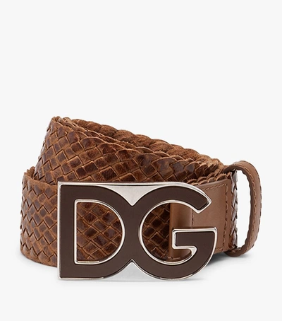 Dolce & Gabbana Leather Woven Logo Belt In Brown