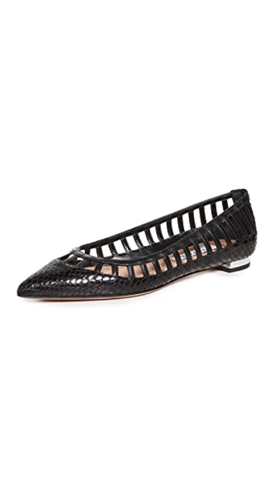 Aquazzura Le Parisien Ballet Snake-effect And Smooth Leather Point-toe Flats In 黑色