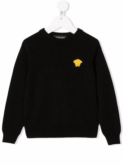 Versace Kids' Embroidered Medusa Wool Knit Jumper In Black