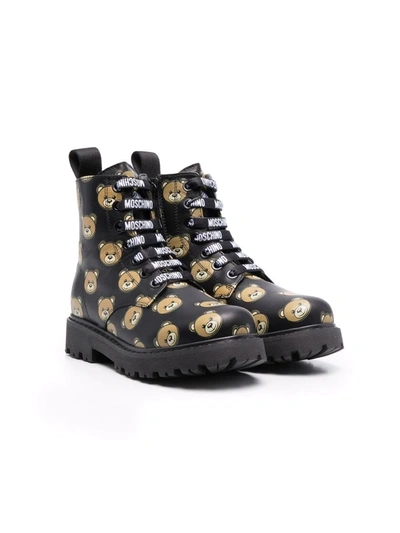Moschino Kids' Black Boots With Toy Press, Round Tip And Laces