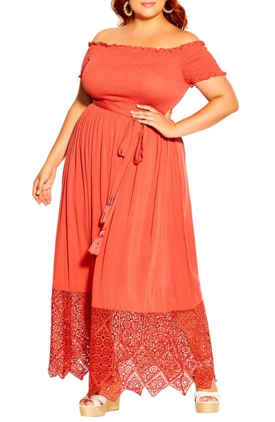 City Chic Off The Shoulder Maxi Dress In Tangerine