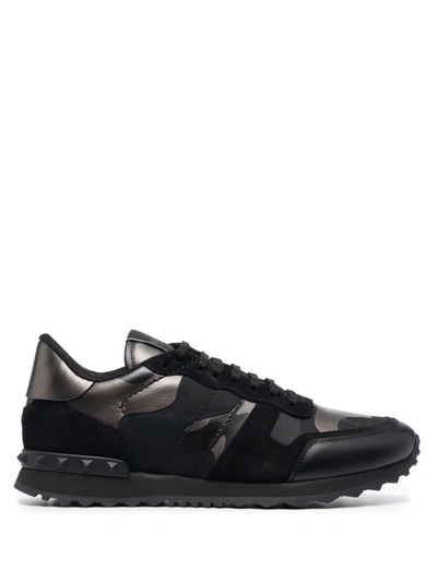 Valentino Garavani Black Fabric And Leather Rockrunner Camouflage Sneakers In Multi