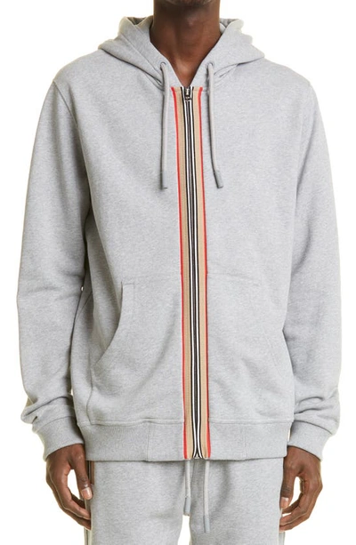 Burberry Lexington Icon Stripe Tape Detail Hoodie Sweatshirt In Pale Grey Melange