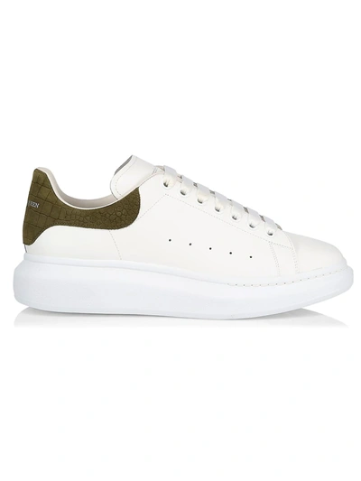 Alexander Mcqueen Exaggerated-sole Croc-effect Suede-trimmed Leather Sneakers In White Khaki