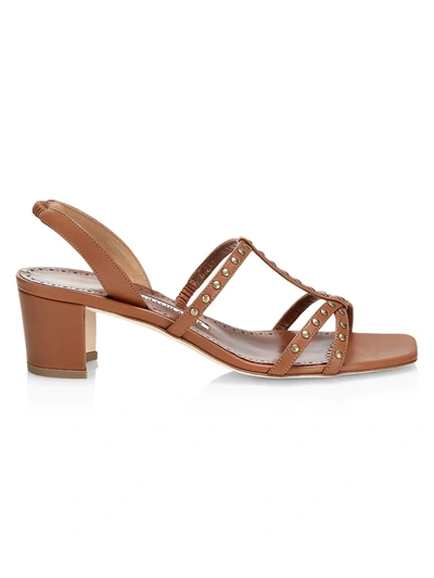 Manolo Blahnik Luce 50 Leather Studded Sandals In Brown