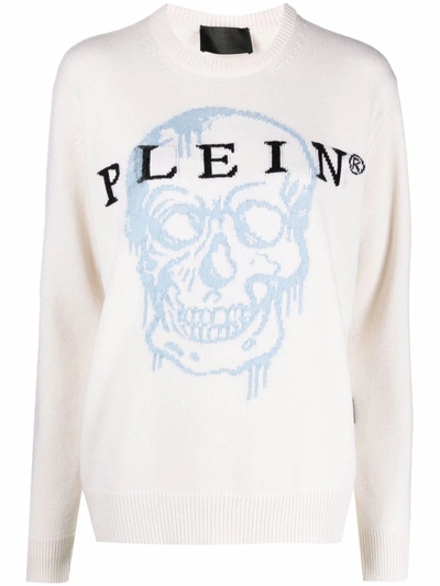 Philipp Plein Woman Cream Skull Intarsia Round-neck Pullover In Black