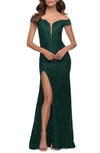 La Femme Off The Shoulder Stretch Sparkle Lace Mermaid Gown In Emerald