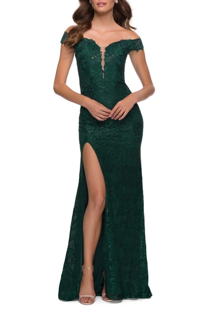 La Femme Off The Shoulder Stretch Sparkle Lace Mermaid Gown In Emerald