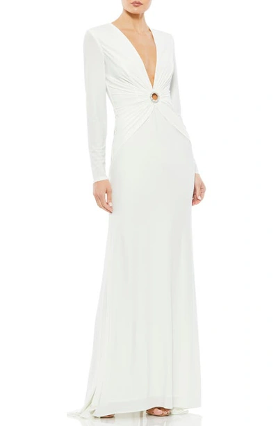 Mac Duggal V-neck Keyhole Long Sleeve Jersey Gown In White
