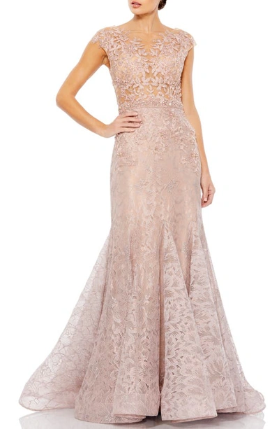 Mac Duggal Beaded Lace Gown In Mocha