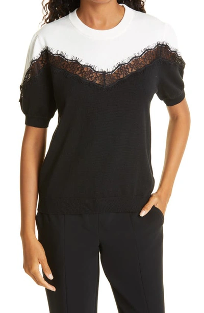 Milly Bicolor Lace-inset Pullover In Black/chalk