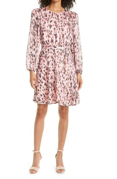 Milly Leopard Metallic Shadow Stripe Long Sleeve Dress In Pink Multi