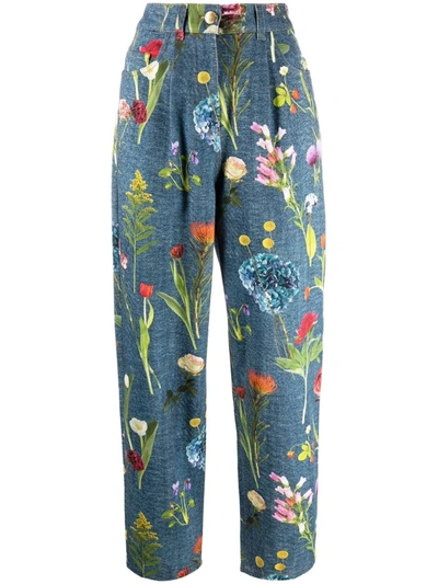 Boutique Moschino Botanic Print Drill Cropped Trousers In 蓝色