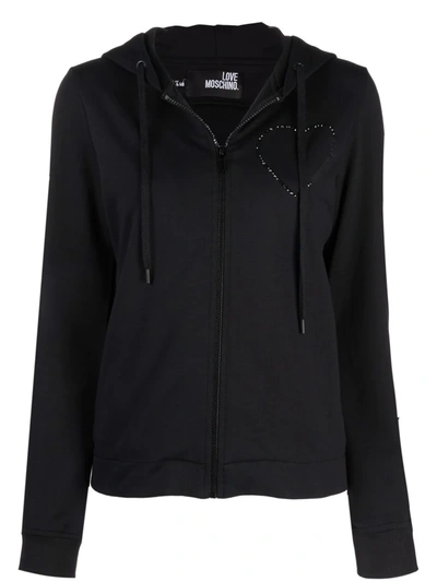 Love Moschino Crystal-embellished Printed Cotton-blend Fleece Hoodie In Black