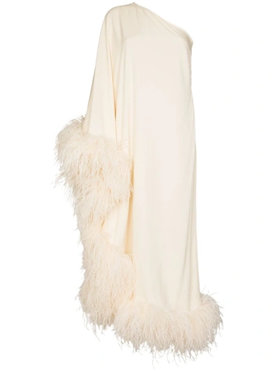 Taller Marmo Ubud One-shoulder Feather-trimmed Crepe Maxi Dress In White