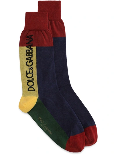 Dolce & Gabbana Cotton Patchwork Socks With Jacquard Logo In Multicolor