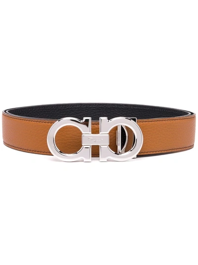 Ferragamo Men's Gancini Reversible Pebbled Leather Belt In Brown