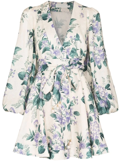 Zimmermann Cassia Floral-print Linen-poplin Wrap Dress In Beige