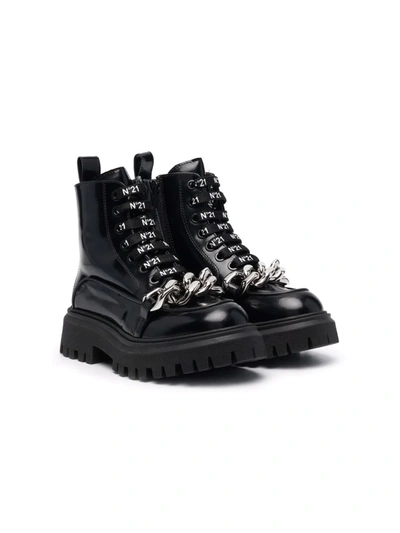 N°21 Kids' Branded Lace Chain-detail Boots In Black